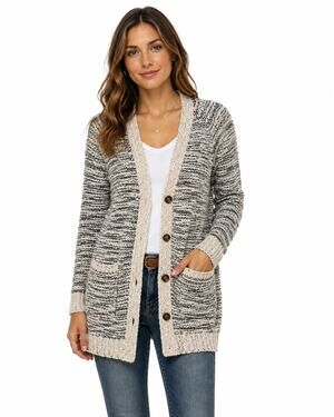 Paper Crane Marled Knit Long Cardigan Sweater Medium Gray Cream Button Front